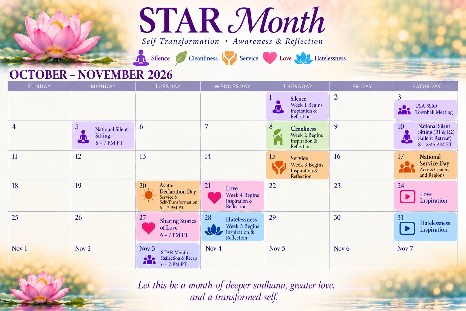 Self Transformation Awareness and Reflection Month Calendar 2026